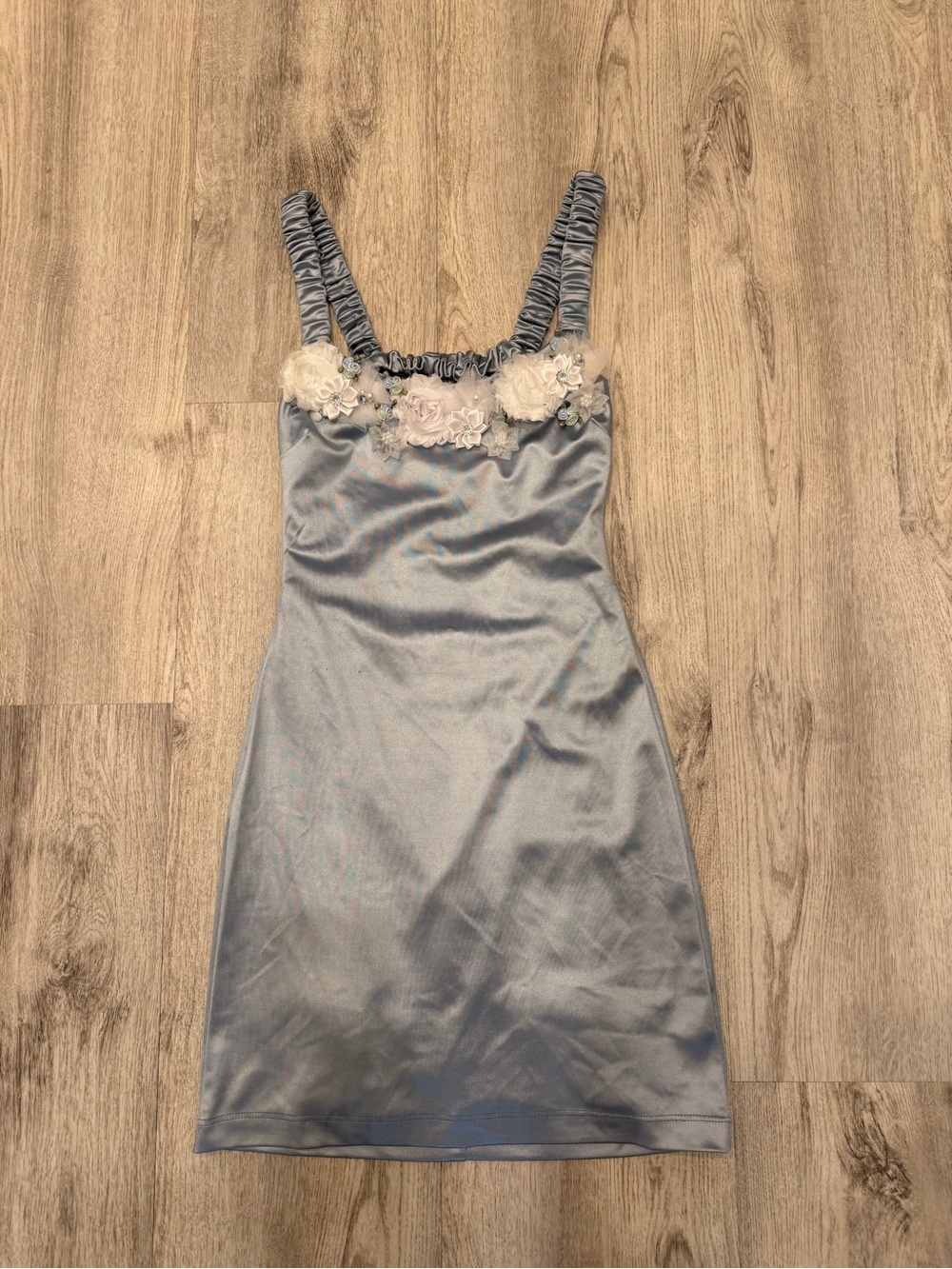 B Darlin Silver Satin Floral Mini Dress Size 0 Y2K